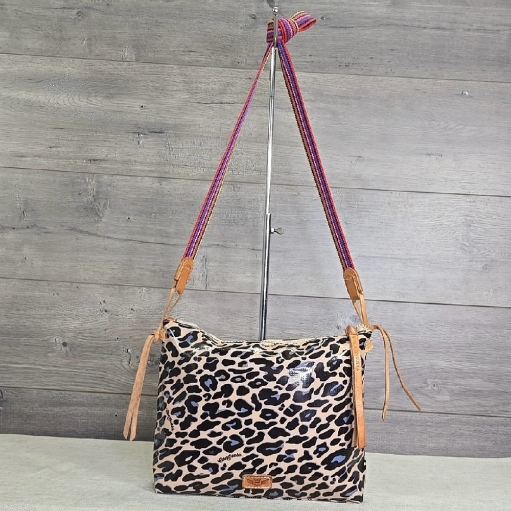 Consuela Leopard Crossbody Bag with Pink and Tan Strap